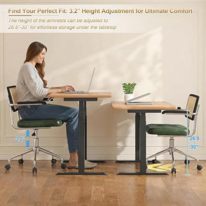 Zesthouse Leather Office Desk Chair with Wheels, Mid Century Rolling Desk Chair with Wood Arm & Natural Rattan Back, Modern Swivel Home Office Chair, Small Height Adjustable Computer Task Chair, Green - color: Green, size: Armrest