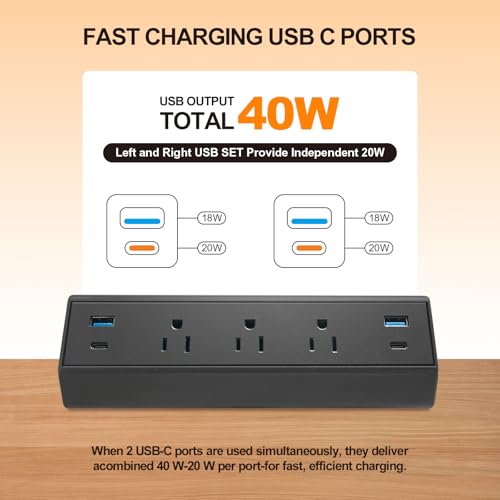 Fast Charge USB C Desk Clamp Power Strip 40W, Desktop Edge Mount 2 PD 20W USB-C Ports&2 QC 18W USB A Ports 3 Outlets Flat Plug for Home Office School Hotel ETL (Black) - color: Black