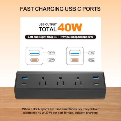 Fast Charge USB C Desk Clamp Power Strip 40W, Desktop Edge Mount 2 PD 20W USB-C Ports&2 QC 18W USB A Ports 3 Outlets Flat Plug for Home Office School Hotel ETL (Black) - color: Black