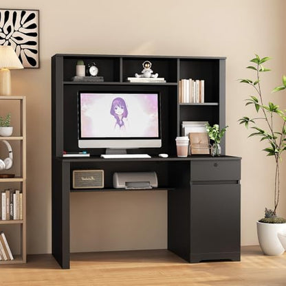 Computer Desk with Drawers & Power Outlets， File Drawers with Lock，51" Home Office Desk with Storage Shelves & Monitor Stand, Wooden Executive Desk Writing Study Desk,Black