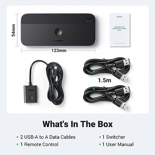 UGREEN USB 3.0 Switch 2 Computers Sharing USB C & A Devices, 4 Port USB Switcher Sharing Keyboard and Mouse, Printer/Scanner USB Switch Hub for Two Computers with 2 USB3.0 Cables and Controller - color: Black
