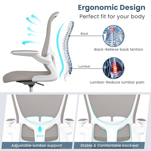 Drafting Chair, Tall Office Chair with Flip-up Armrests Executive Ergonomic Computer Standing Desk Chair, Office Drafting Chair with Lumbar Support and Adjustable Footrest Ring - color: Light Grey&white