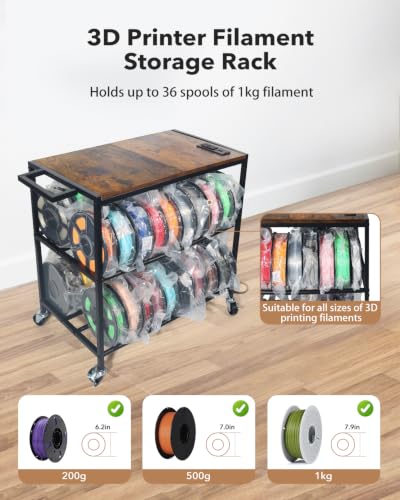 3D Printer Stand with Filament Storage, Heavy Duty Rolling Printer Cart on Wheels with Built-in Power Outlet, Small 3D Printer Table for Organizer Filament Spools, Workshop Office Garage Studios,Brown