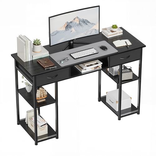 OLIXIS Desk with Storage Fabric Drawers-48 Inch Home Office Computer Desk for Small Space Bedroom,Modern Study Work Gaming Writing Table PC Desks,Chic Black