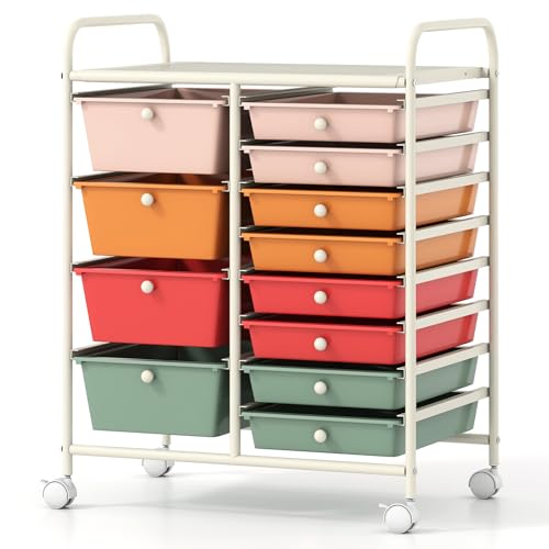 COSTWAY 12 Drawer Rolling Storage Cart, Utility Cart with Metal Frame | Mobile Art Supply Craft Organizer, Multipurpose Storage Organizer for Paper, Office, School Teacher, Classroom, Macaron - color: Macaron, size: 12 Drawer