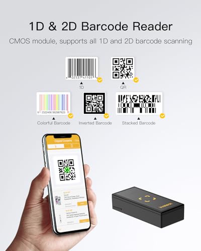 Inateck Barcode Scanner Bluetooth, 1D 2D QR Code Scanner Kabellos 2.4GHz, Portable Wireless Barcode-Scanner Laser, Mini Handscanner with APP and SDK, BCST-46