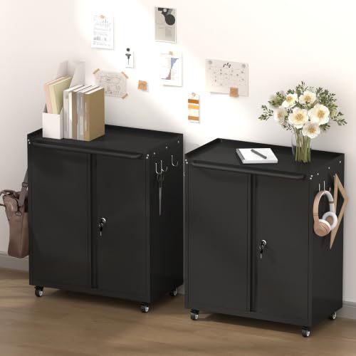 Metal Cabinet with Wheels, Steel Cabine with Locking Doors, Small Cabinet with Adjustable Shelf, Tool Cabinets for Garage, Suitable for Home Office, Garage, Office - color: 32"h - Black