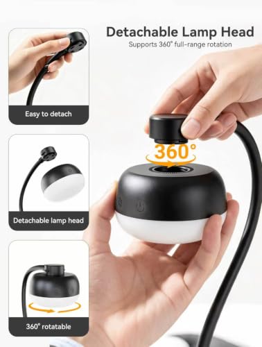 Pebble-Shaped Clip on Reading Light with Detachable Lamp Head, 5000mAh Rechargeable Battery, 360° Ambient Glow, Remote & Timer, Stepless Dimming, 12inch Gooseneck Clamp Lamp for Bed Headboard & Desk