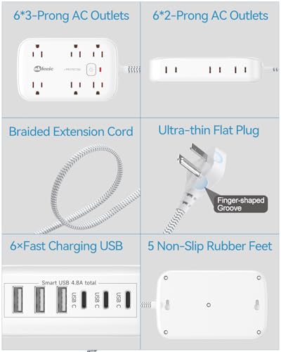 3FT Flat Multi Plug Extender 12 AC Outlets with 6 USB Wall Charger(3 USB C) - size: 3 FT, style: 12AC+3U3C