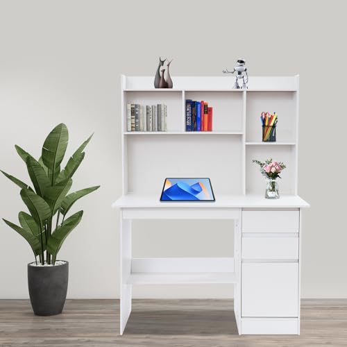 Computer Work Desk,Simple Style Writing Desk with Filing Cabinet,Study Table with Hutch,Workstation Table with Drawer Cabinet Shelf (Warm White, 39.37 * 15.74 * 55.9in)