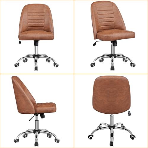 Yaheetech Retro Brown Faux Leather Armless Swivel Rolling Vanity Desk Chair | Compact faux leather seat fits small vanity, sewing or office desks; adjustable height, swivels on smooth wheels, fast setup. - color: Retro Brown