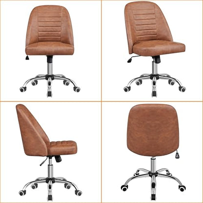Yaheetech Retro Brown Faux Leather Armless Swivel Rolling Vanity Desk Chair | Compact faux leather seat fits small vanity, sewing or office desks; adjustable height, swivels on smooth wheels, fast setup. - color: Retro Brown
