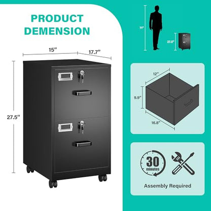 2 Drawer File Cabinet on Wheels,Metal Filing Cabinet with Lock,Black Rolling File Cabinets with Casters,Under Desk Office Cabinets for Home Office,Fit A4/Letter/Legal,Easy Assembly - color: Black, style: 2 Drawer with Wheels