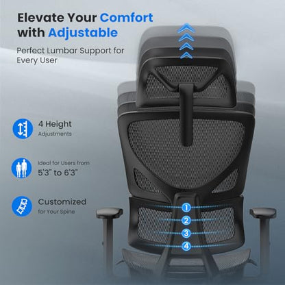 OdinLake L1 Ergo Upgrade 518 Black Ergonomic Mesh Office Chair – Big & Tall 350lbs, Dynamic Lumbar Support, Adjustable Height, Seat Depth, Headrest, Armrests, BIFMA Certified Desk Chair - color: Black