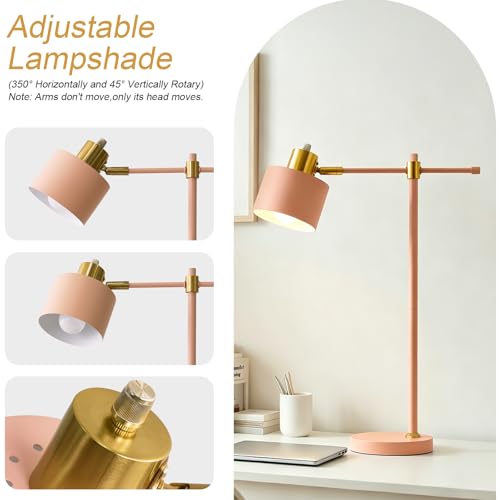 22.2" Modern Desk Lamp, Metal Table Lamp with LED Bulb, Adjustable Reading Lamps for Living Room, Mid Century Task Lamp for Home Office, Industrial Bedside Lamps with Solid Base, Pink - color: Pink