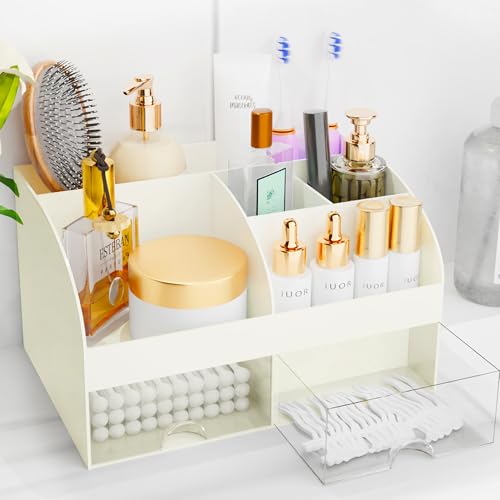 Makeup Organizer with Drawers, Cosmetic Storage for Dresser Vanity and Bathroom Countertop, Beauty Holder for Lipstick Brush, Skincare Organizer for Vanity, Cosmetic Display Case (Ivory) - color: Ivory