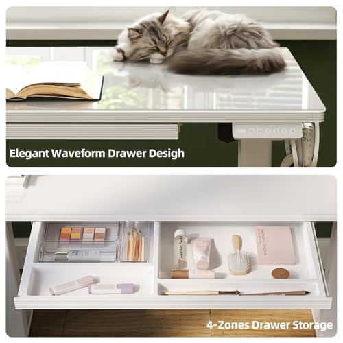 INNOVAR Glass Standing Desk with Drawers, 40 x 24 Inches Electric Height Adjustable Desk, Tempered Glass Top Stand Up Desks for Home and Office, White - color: Super White, size: 40 inch