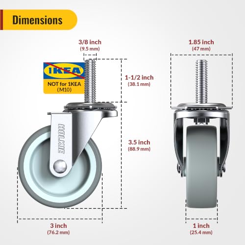 HOLKIE Caster Wheels 3 inch with No Brake Stem Casters, 3/8" -16 x 1-1/2" (Stem Diameter 3/8", Stem Length 1-1/2") Threaded Swivel Casters Set of 4 Heavy Duty Castors Grey 12 Pack - color: Grey-12Pack, size: 3/8" -16x 1-1/2"