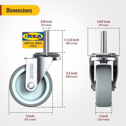 HOLKIE Caster Wheels 3 inch with No Brake Stem Casters, 3/8" -16 x 1-1/2" (Stem Diameter 3/8", Stem Length 1-1/2") Threaded Swivel Casters Set of 4 Heavy Duty Castors Grey 12 Pack - color: Grey-12Pack, size: 3/8" -16x 1-1/2"