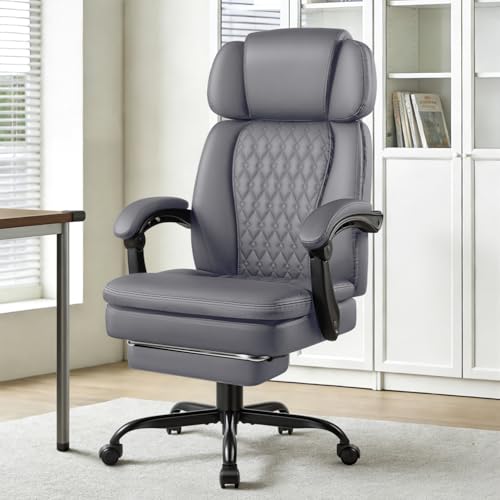 Office Chair with Foot Rest 400lbs, Heavy Duty Executive Leather Office Chair for Heavy People,Big and Tall High Back Ergonomic Comfy Office Desk Chair with Lumbar Support,Grey - color: Grey
