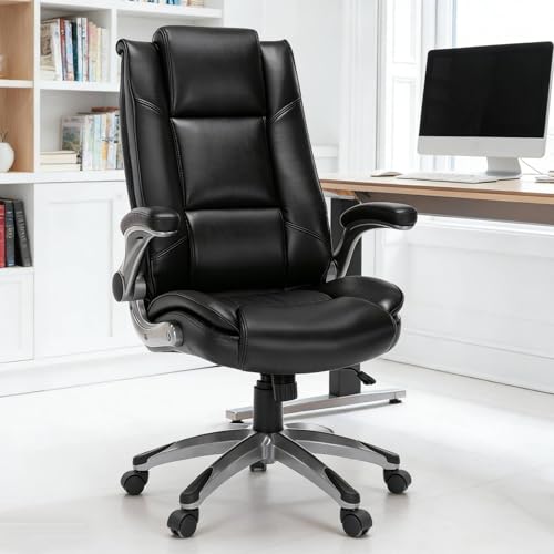 MALOL Leather Executive Office Chair - High Back Home Computer Desk Chair with Padded Flip-up Arms, Adjustable Tilt Lock, Swivel Rolling Ergonomic Chair for Adult Working Study, Black - color: Black