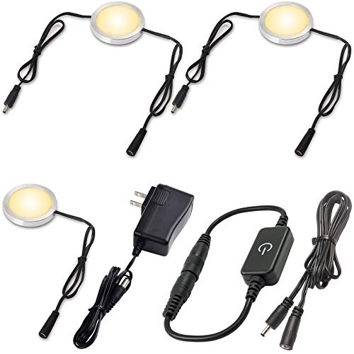 Under Cabinet LED Pucks AC120V Plug in, Touch Dimmer, 3 Lights, Warm white | Aluminum, Low Profile, Linkable Pucks, Dimmable, Easy Installation, Color Temp 2700K - color: Silver