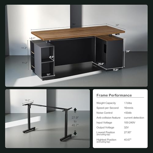 71" Executive Standing Desk with Privacy Panel, Black Walnut | Electric Height Adjustable with One-Piece Desktop, Built-In Power Outlets and Storage, Home Office Executive Workstation