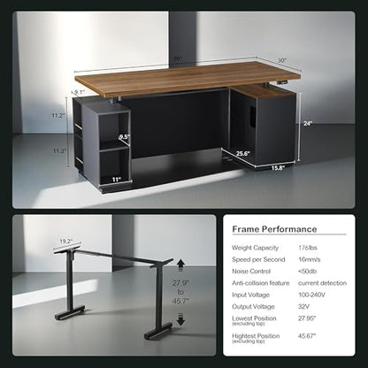 71" Executive Standing Desk with Privacy Panel, Black Walnut | Electric Height Adjustable with One-Piece Desktop, Built-In Power Outlets and Storage, Home Office Executive Workstation