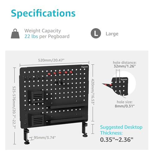 PEGZONE Clamp on Desk Pegboard, 20.4" x 16.5", with 15 Accessories, Black - color: Black, size: Large
