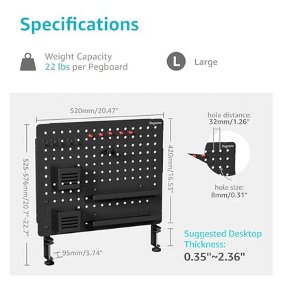 PEGZONE Clamp on Desk Pegboard, 20.4" x 16.5", with 15 Accessories, Black - color: Black, size: Large