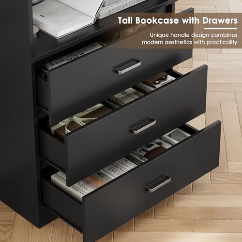 FOTOSOK 71" Black Bookshelf with 3 Drawers, Tall Bookshelf and Bookcase | 6-Tier Wide Bookshelf with 3 Open Shelves, Tall Bookcase Large Book Shelf Standing Book Case for Home Office, Whit - color: Black