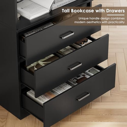 FOTOSOK 71" Black Bookshelf with 3 Drawers, Tall Bookshelf and Bookcase | 6-Tier Wide Bookshelf with 3 Open Shelves, Tall Bookcase Large Book Shelf Standing Book Case for Home Office, Whit - color: Black