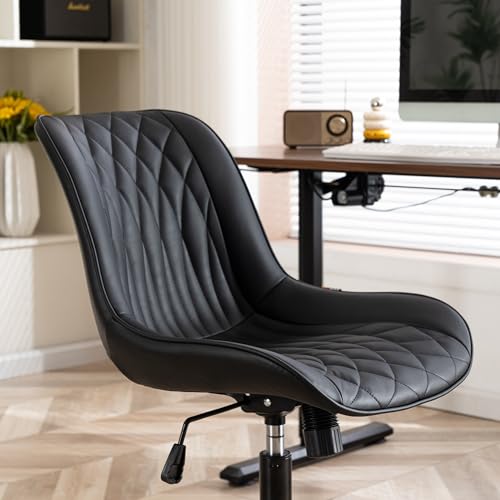 YOUNIKE Faux Leather Office Desk Chair Comfy Vanity Chair Armless Black | Ergonomic Upholstered Rocking Back, Swivel with Wheels, Height Adjustable, Modern Task Chair For Computer Sewing Drafting - color: Black