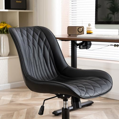 YOUNIKE Faux Leather Office Desk Chair Comfy Vanity Chair Armless Black | Ergonomic Upholstered Rocking Back, Swivel with Wheels, Height Adjustable, Modern Task Chair For Computer Sewing Drafting - color: Black