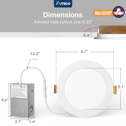 Amico 12 Pack 6 Inch LED Recessed Lighting, Canless Wafer Downlight, White | 5CCT 2700K-5000K, 5%-100% Dimmable, Ultra-thin, Metal housing, 1050LM 12W 120V, IC & Damp Rated, ETL & FCC, 50000h Life Span - color: White, size: 6 Inch