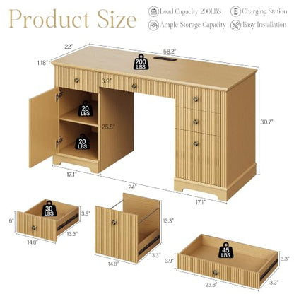 59" Executive Desk with Charging Station and 5 Drawers, Large Writing Study Table Computer Desk with Fluted Panel and Storage Cabinet with Adjustable Shelf, for Home Office Living Room and Study Room