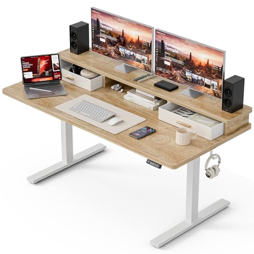 Grandder Electric Standing Desk with Two Drawers, Sit to Stand Up Height Adjustable Desk with Storage Shelf for Home Office, 63 * 24 Inch, Study, Ergonomic Adjustable Computer Desk, Oak - color: Oak, size: 63 Inch