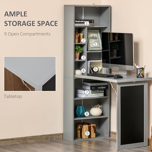 Grey Wood Wall Mounted Folding Desk with Bookshelf & Storage | Foldable Desks for Small Spaces, Pull Out Computer Desk with A Blackboard for Bedroom Apartment - color: Charcoal Grey