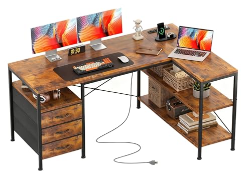 Alpen L Shaped Computer Desk, 55 Inch Corner Desk with Drawers and Power Outlets, Home Office Desk for Gaming, Study Writing PC Table with Storage and Reversible Shelf, Rustic Brown - color: Rustic Brown, size: 55 Inches