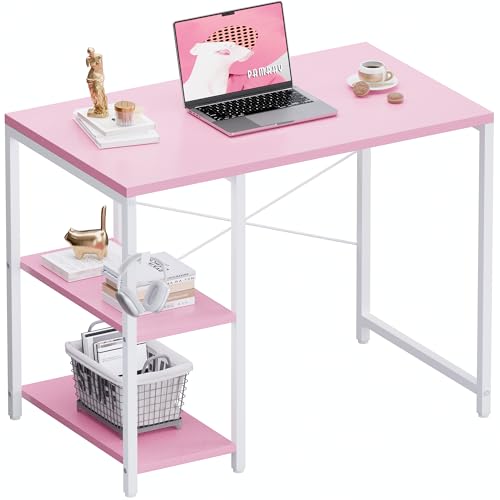 Pamray 32 Inch Small Computer Desk with Shelves for Bedroom Small Spaces | For Home Office, Dorm and Apartment, for Study and Writing, Headphone Hook, Space-Saving, Compact, Easy Setup - color: Pink