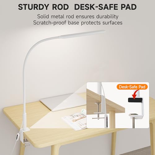 Desk Lamp with Clamp for Home Office, 3 Colors Stepless Dimming for Puzzle - color: White Pro