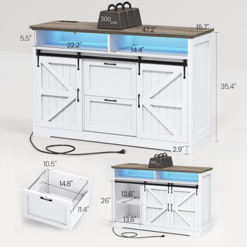 SEDETA 47.2" File Cabinet, 2 Drawers Filing Cabinets for Home Office fit Legal/Letter/A4 File, Farmhouse File Cabinet with Barn Door & Power Outlet, Printer Stand with Storage & LED Light, White+Grey - color: White+grey