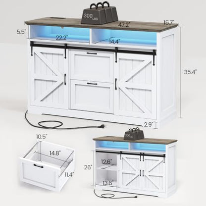 SEDETA 47.2" File Cabinet, 2 Drawers Filing Cabinets for Home Office fit Legal/Letter/A4 File, Farmhouse File Cabinet with Barn Door & Power Outlet, Printer Stand with Storage & LED Light, White+Grey - color: White+grey