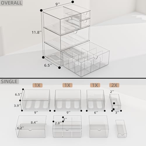Clear 5-Drawer Stackable Desk Organizer Storage Set | Unique nine-grid drawer, Acrylic, Separate drawers, Dustproof, Easy to clean, for Office supplies, Pens, Jewelry, Makeup - size: 5 drawer clear