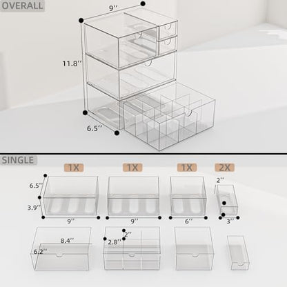 Clear 5-Drawer Stackable Desk Organizer Storage Set | Unique nine-grid drawer, Acrylic, Separate drawers, Dustproof, Easy to clean, for Office supplies, Pens, Jewelry, Makeup - size: 5 drawer clear