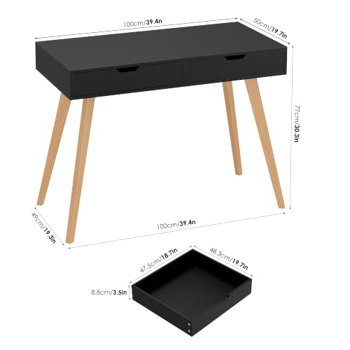 FOTOSOK Writing Desk with 2 Drawers, Small Desk Makeup Vanity Table, Black | Wood Computer Desk with 4 Solid Oak Legs, Home Office Desk & Study Table, Mid Century Desk for Bedroom Small Spaces - color: Black