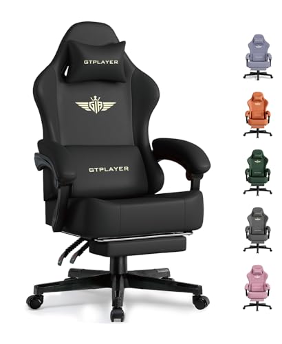 GTPLAYER Gaming Chair with Pocket Spring Cushion, Big and Tall Gamings Chairs 350LBS High Back Computer Chair with Footrest for Adults Lumbar Support Swivel Game Chair for Office, Leather Black - color: Black