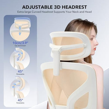 Ergonomic Office Chair Mesh – Adjustable Lumbar 3D Armrests High-Back Desk - color: Beige-p1