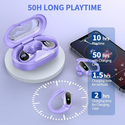 Wireless Earbuds, 2026 Bluetooth 5.4 Headphones Sport, 50Hrs HiFi Stereo Deep Bass Over-Ear buds with ENC Noise Cancelling Mic, IP7 Waterproof & LED Display Earphones with Earhooks for Workout/Running - color: comb blue purple