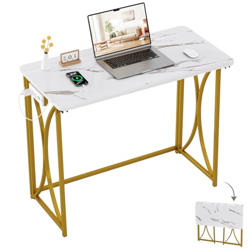Folding Desk, 31.5" Small Desk for Bedroom with Power Outlet, Space Saving Foldable Computer Desk for Home Office, Easy Assembly, White and Gold - size: medium size02